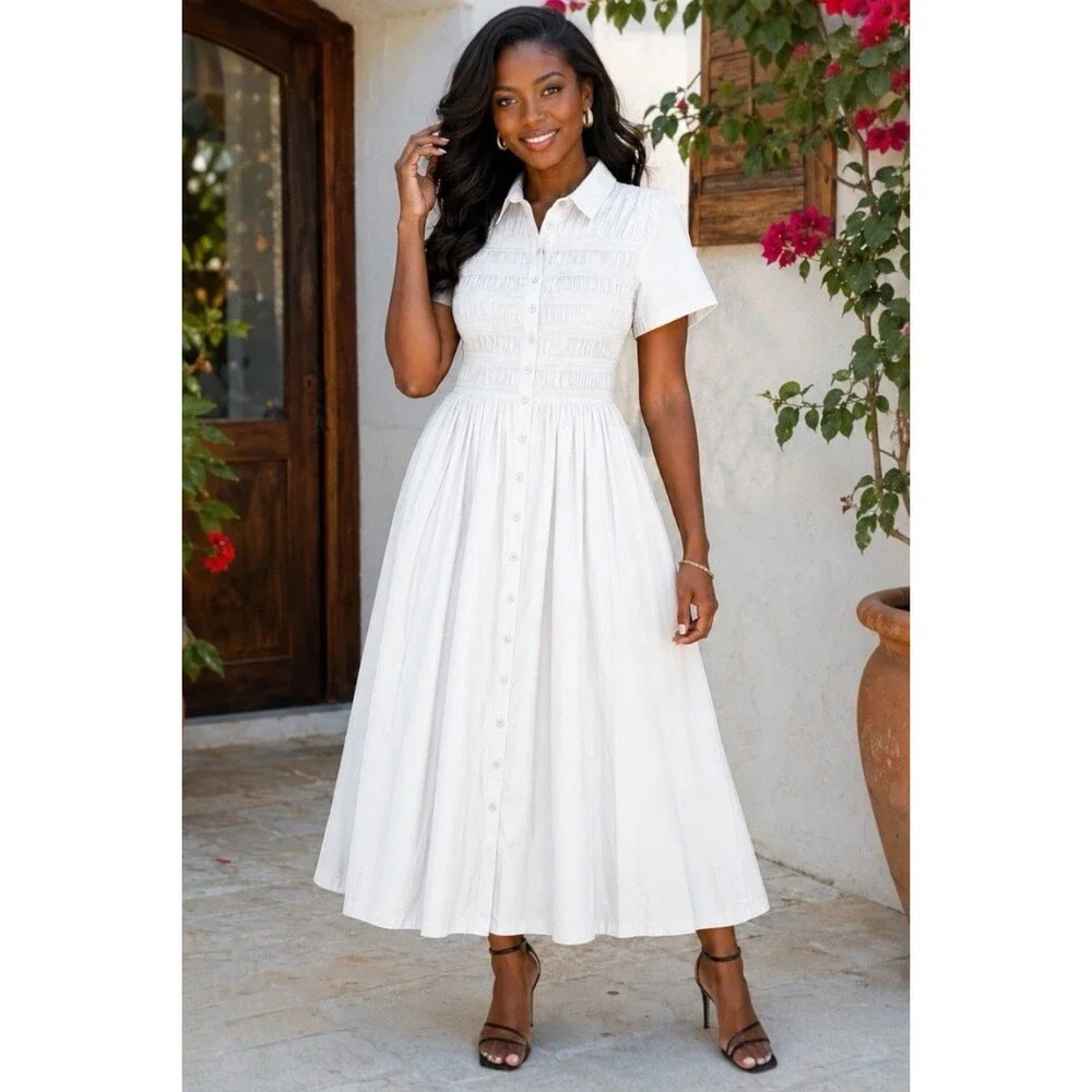 J Crew Petite Elsie Shirt Dress Womens SP White Cotton Poplin Smocked Button Up